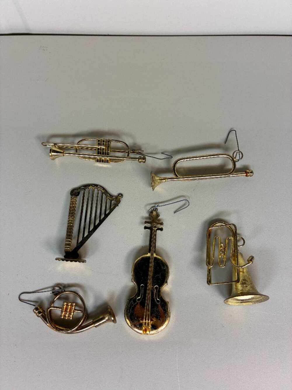 Lot of 6 Vintage Brass Musical Instrument Christmas Ornaments: Violin, Harp, Hor